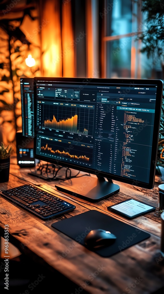 Poster a computer monitor displaying financial data and a keyboard on a wooden desk.