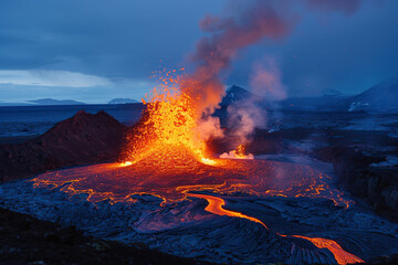 Generative ai on theme of erupting volcano with cascading hot lava surrounded thick white smoke