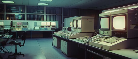 A vintage control room bathed in soft, dim lighting, filled with old computer systems and monitors, reflecting an era of pioneering technology and innovation.