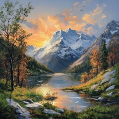 Obraz premium mountain landscape with forest and lake sunset painting wallpaper