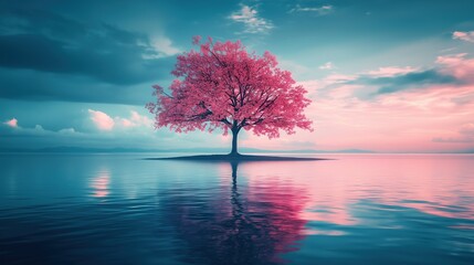 lone tree on the water light magenta and dark azure romantic atmosphere wallpaper