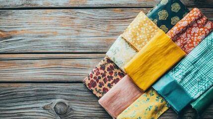 Reusable beeswax food wraps laid out on a wooden countertop, with room for eco-friendly text.