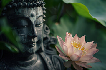 Obraz premium Beautiful greeting card with ancient statue great Buddha to bright holiday composition