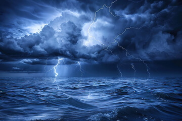 Generative ai on theme of scary bright electric lightning bolt with branches in the night dark sky