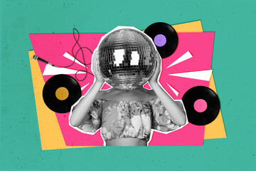 Creative collage poster of person with disco ball face surround vinyl record mic on color background