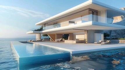 A modern villa with an infinity pool and sunken swimming area, overlooking the sea. Generative AI.