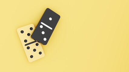 Domino game - 3d render. Tiles, blocks of dominoes with even dots on a bright background. Domino effect business concept, logo for companies, trainings. Domino game - 3d render. Tiles, blocks of domin