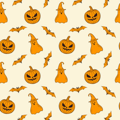 Scary Halloween orange pattern with creepy pumpkin, ghost in wizards hat and bat, in hand drawn doodle style. For background, backdrop, packaging.