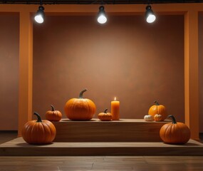 A Halloween-themed orange design podium with candles and pumpkins