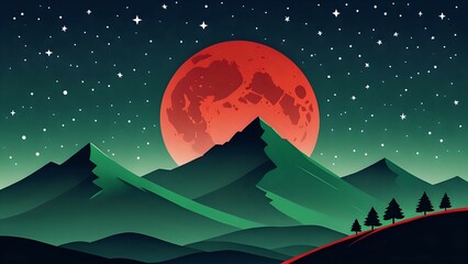 Obraz premium montaña verde con cielo estrellado y luna roja grande