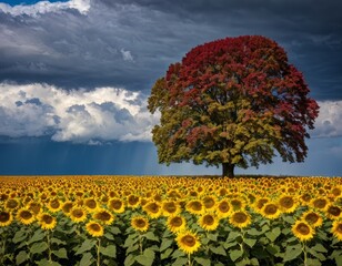 campo de girasoles con un arbol rojo, cielo azul con nubes de tormenta 