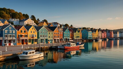 Fototapeta premium This image shows a vibrant coastal town with colorful buildings lining the waterfront. Clear skies and calm waters reflect the picturesque scenery and inviting atmosphere.