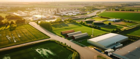 Expansive aerial view of an industrial complex surrounded by agricultural fields, showcasing the juxtaposition of technology and nature.