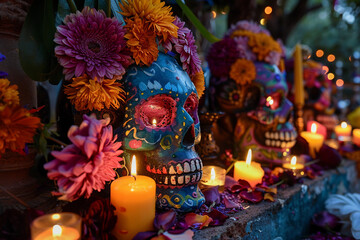 Naklejka premium Beautiful greeting card with bright holiday composition for happy to joy celebrate dia de muertos