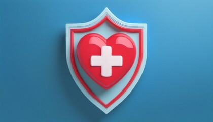 Obraz premium A vibrant heart and shield emblem symbolizing health and safety, featuring a white medical cross against a blue background.