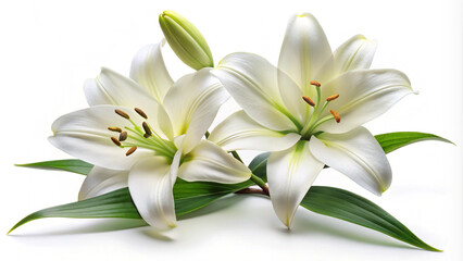 White Lilies with Green Leaves on White Background
