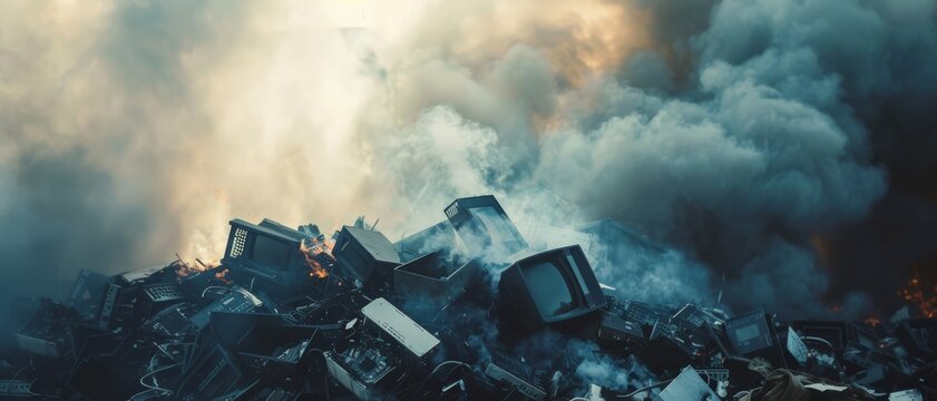 A towering pile of discarded electronics emits smoke and fire, symbolizing the environmental hazards of e-waste and pollution.