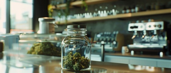 Fototapeta premium A cozy cafe interior with a jar of fresh cannabis buds on the counter, blending artisanal ambiance with contemporary cannabis culture.