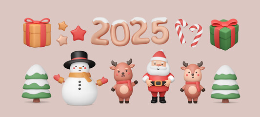 2025 numbers, 3d New Year elements. Traditional celebration objects, Christmas icons, happy and cute characters. Cartoon Santa Claus, standing deer baby, snowman in top hat. Vector illustration.