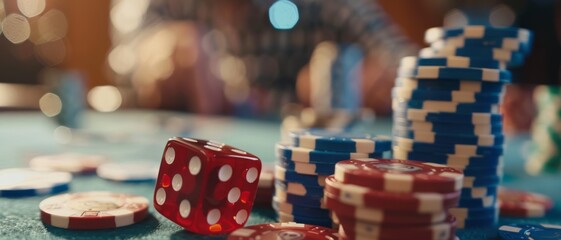 Stacks of colorful poker chips and a red dice sit on a casino table, suggesting the excitement and anticipation of a game in progress.