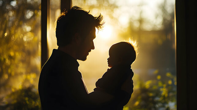 A father and baby silhouetted against a large window with soft morning light pouring in, casting a warm backlight around their figures