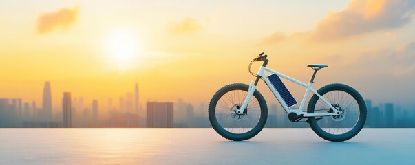 E-bike with solar panels, ultra-modern design, renewable energy integration, clean and futuristic cityscape