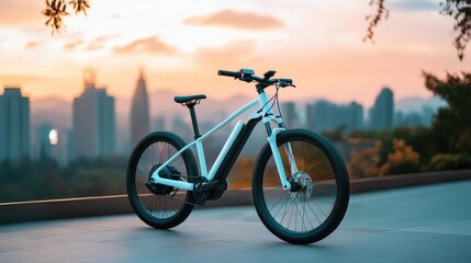 Fototapeta premium Electric bike with fast charging, designed for daily use, extended distance range, futuristic cityscape backdrop