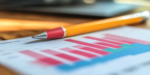 A pen lays on a sheet of paper with colorful bar graph, showing financial data or business growth.