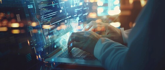 Hands typing on a laptop with digital code and futuristic interface overlays, illustrating the concept of modern computing and cybersecurity.