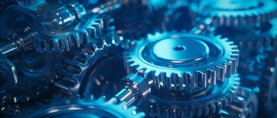 A close-up of interlocking metallic gears showcasing intricate engineering with a moody blue light, representing precision and mechanical beauty.