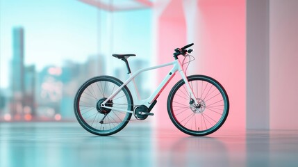 Fototapeta premium High-tech e-bike, lightweight carbon frame, powerful battery, emissions-free technology, futuristic smart city backdrop