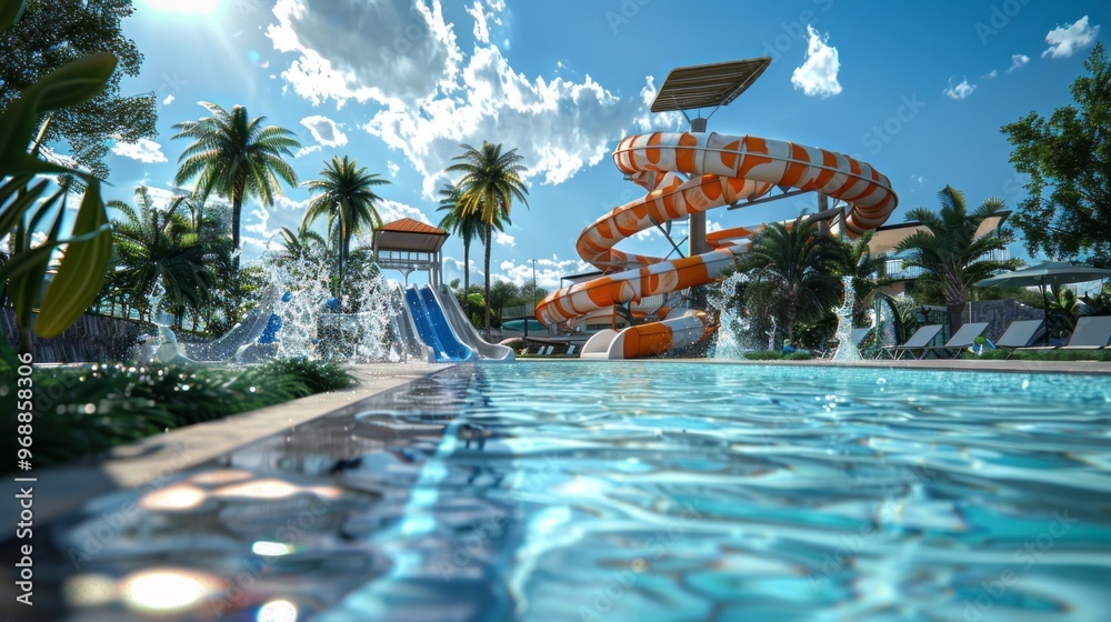 Wall mural a pool with a slide and a splash pad