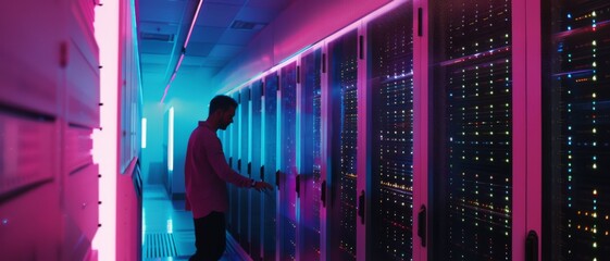Person in a neon-lit server room, working with the servers, surrounded by a futuristic and high-tech ambiance.