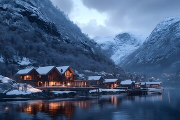 Fototapeta premium Cozy Cabins in a Snowy Mountain Valley