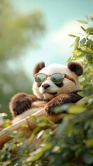 A panda with sunglasses relaxing in a bamboo grove under the sun.