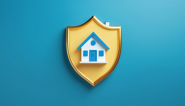 A stylized house icon within a protective shield against a vibrant blue background, symbolizing home security and protection.