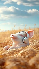 Obraz premium A pig enjoying music with tiny headphones while lounging in a sunny, grassy field.