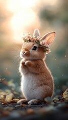 A rabbit wearing a flower crown, dancing gracefully in a moonlit forest with magical lighting and an ethereal atmosphere.