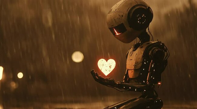 A futuristic robot, crouching slightly, cradles a flaming heart in its hands. The scene is cinematic and somber, set against a backdrop of rain, evoking a sense of sadness and gloom.