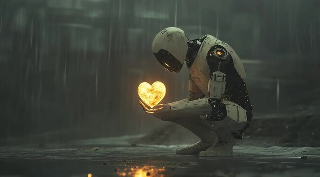 A futuristic robot, crouching slightly, cradles a flaming heart in its hands. The scene is cinematic and somber, set against a backdrop of rain, evoking a sense of sadness and gloom.