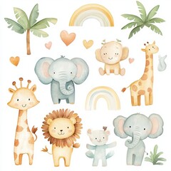 Naklejka premium Isolated on white background clip art whimsical watercolor baby safari animals like lions, elephants,