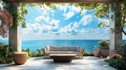 A luxurious terrace lounge with a pergola covered in climbing plants, comfortable seating, and a view of the ocean.