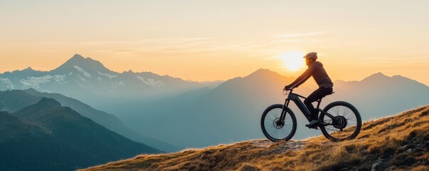 Obraz premium Electric bike soaring over a mountain trail, wind in the rider s hair, sun setting behind the peaks, symbolizing power, nature, and freedom