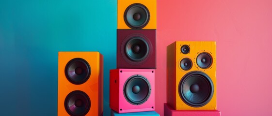A vibrant, artistic arrangement of colorful speakers against a bright, divided blue and pink background.