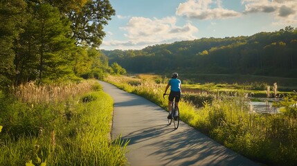 82. A scenic biking trail with a cyclist enjoying a ride through a picturesque landscape