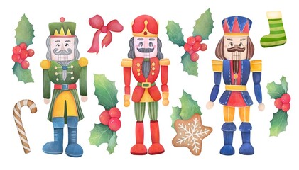 xmas watercolor concept toys. Christmas Nutcracker, tin soldier, gingerbread cookies, mistletoe berries, New Year's sock for gifts. clip art cut out traditional winter isolated illustrations
