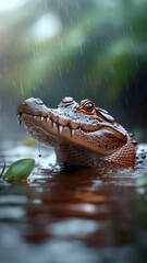 Fototapeta premium Crocodile navigating through a rain-soaked swamp, with raindrops splashing off its armored skin and blending into the lush surroundings.