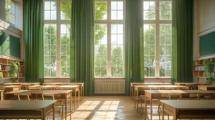 Fototapeta premium A bright, sunlit classroom with neatly arranged light wooden desks and matching chairs. Large windows with green curtains let in natural light. Generative AI.