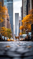 Captivating image of a deer amidst bustling city streets, with skyscrapers and traffic contrasting its calm and graceful presence in an urban setting.