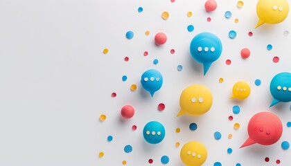 A collection of colorful speech bubbles on a neutral background, symbolizing communication, dialogue, and social media